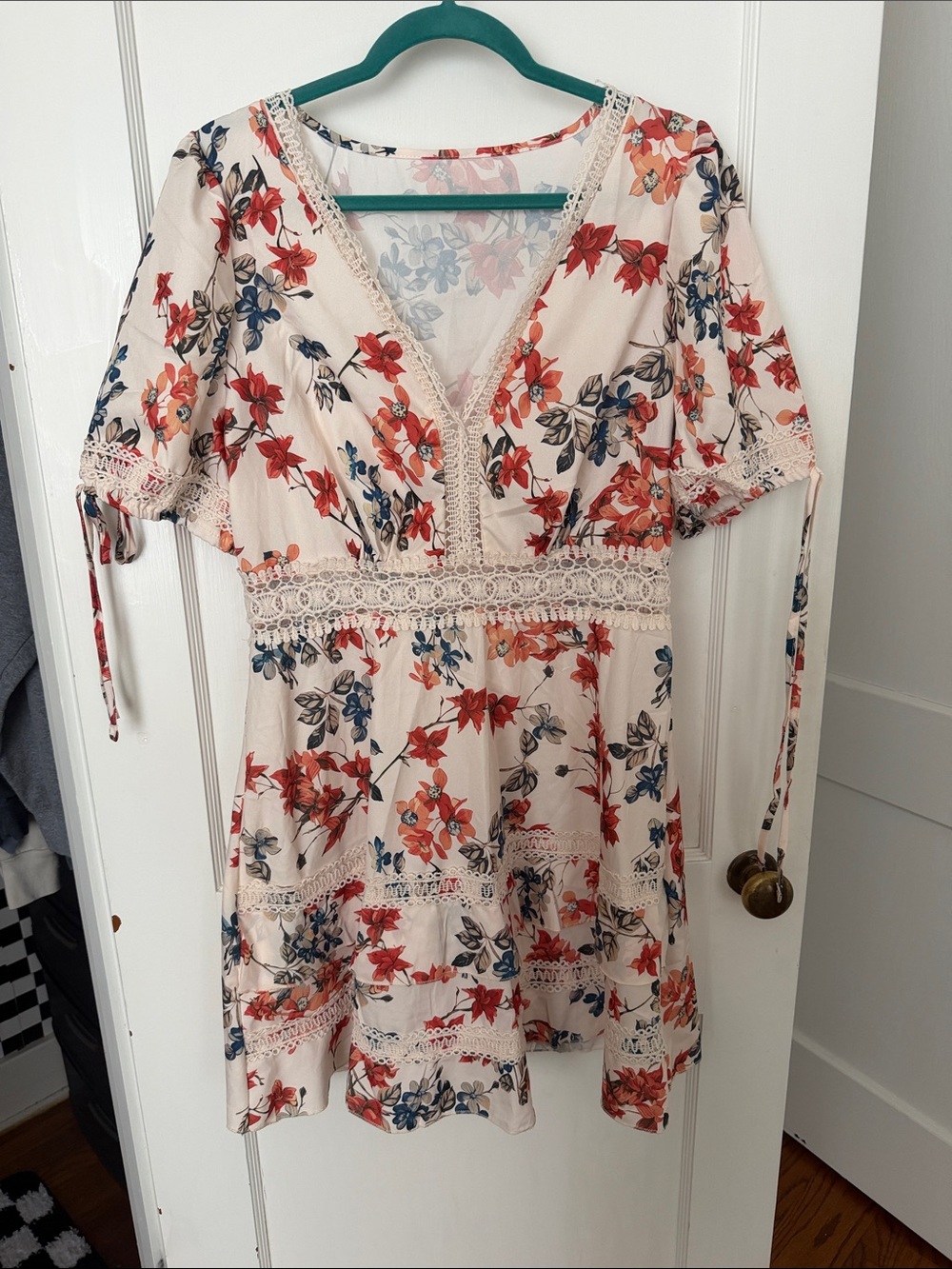 Floral V-Neck Lace Trim Mini Dress - Cream with Red & Blue Flowers